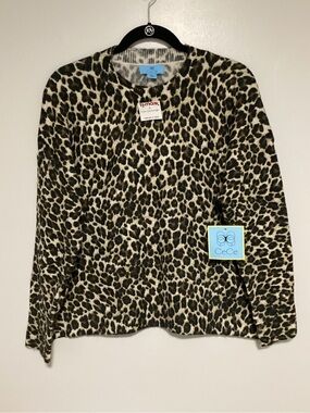CeCe Sweater Women Size L Round Neck Leopard Animal Print Pullover Black Cream